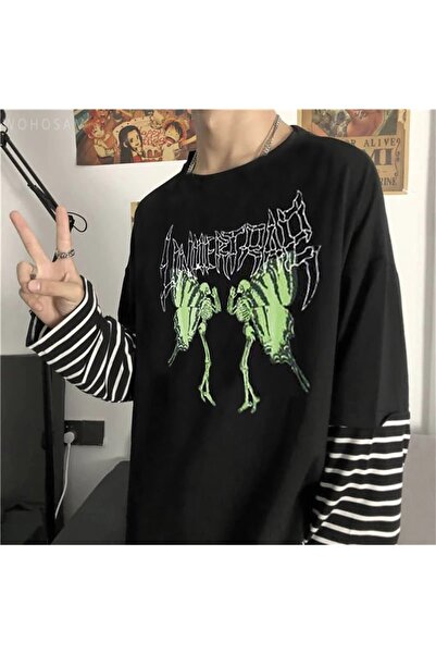 Touz Niiss Butik Harajuku Retro Gothic Butterfly Unisex Oversize Uzun Kolu T-shirt