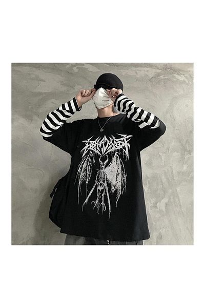 Touz Μακρυμάνικο μπλουζάκι Gothic Harajuku Fashion Winged Skeleton Oversize Unisex