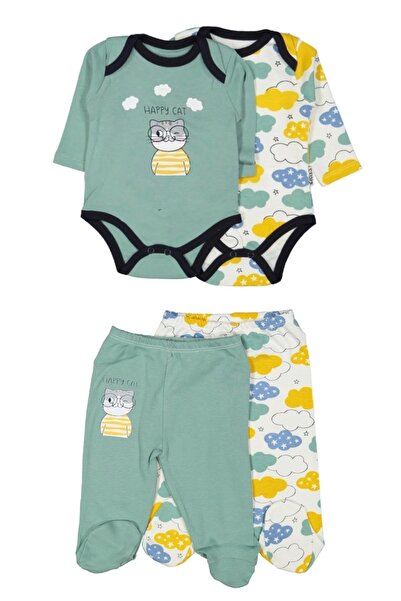 Happy Cat Printed 4-Piece Single Bottom Set with Snapsuit and Bootees