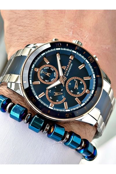 Navimarine Dark Blue Silver Color Metal Strap All Functions Active Original Men's Wristwatch + Bracelet Gift