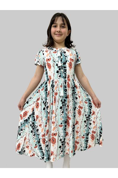 Esterella Rochie pentru fete/Rochie evazată cu volan/Rochie cu model de flori din viscoză