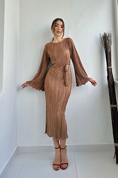 Seda Yalçın Atelier Brown Spanish Sleeve Pleated Belted Dress