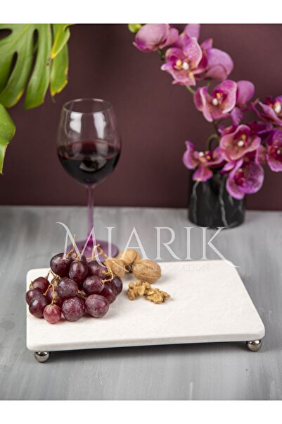 MIARIK DESIGN & DEKORASYON Dekoratif Bej Mermer Dikdörtgen Gümüş Top Ayaklı S...