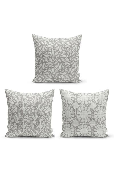 Realhomes Gri Kot Zeminde Su Damlası Motifli Dekoratif 3'lü Kırlent Kılıf Seti