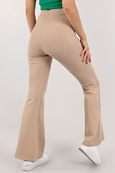 manolyabutik Kadın Fitilli Çizgili İspanyol Paça Yüksek Bel Dayanıklı Örme Kumaş Toparlayıcı Tayt