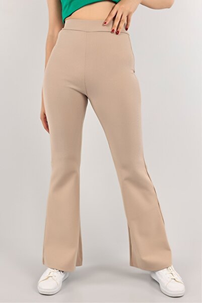 manolyabutik Kadın Fitilli Çizgili İspanyol Paça Yüksek Bel Dayanıklı Örme Kumaş Toparlayıcı Tayt