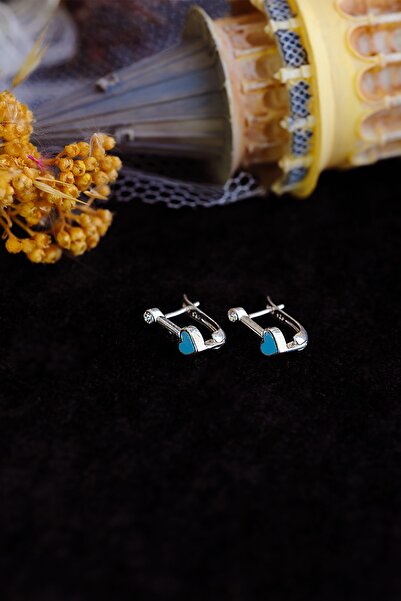 ENCİLİ SİLVER 925 Ayar Gümüş Taşlı Turkuaz Kalp Model Gümüş Renk Çocuk J Küpe