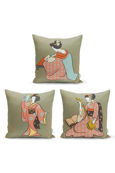 Realhomes 3-Piece Throw Pillow Cover Set with Marble Background and Japanese Art Motif
