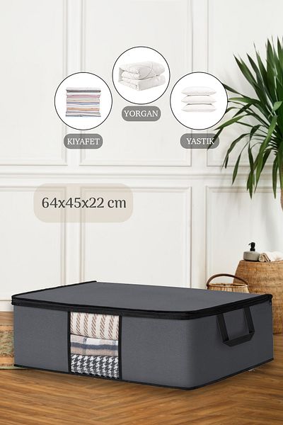 Meleni Home Large Size Under Base Storage - Windowed Pillow Clothing Storage Storage 64 X 45 X 22 Cm Anthracite