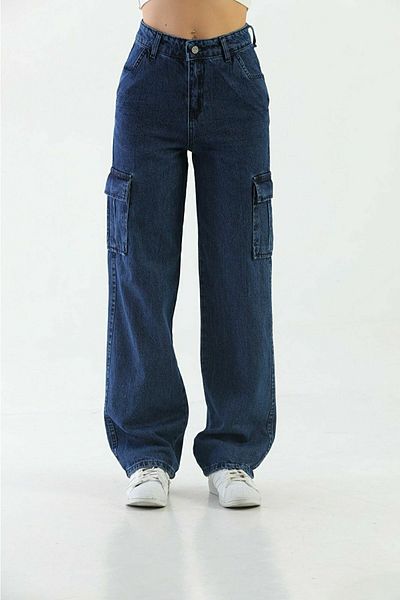 Livik Pantaloni palazzo Jans Denim, cu talie super înaltă, cu buzunar cargo, albastru închis pentru femei