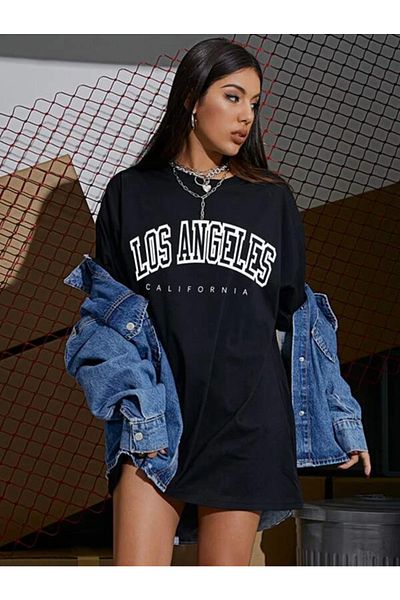 FAVORİST Μαύρο μπλουζάκι Oversize Los Angeles Printed Unisex