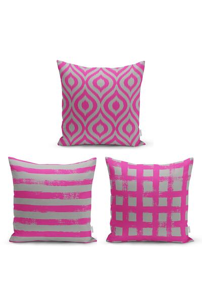 Realhomes Gri Zeminde Fusya Çizim Motifli 3'lü Kırlent Kılıf Seti