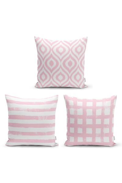 Realhomes Özel Tasarım Pembe Ikat Desen Motifli 3'lü Modern Kırlent Kılıf Seti