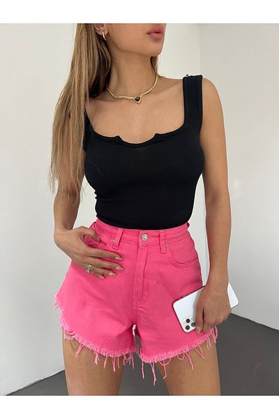 Fav Style Γυναικεία αμάνικη χοντρή τιράντα τετράγωνη λαιμόκοψη V με λεπτομέρεια μαύρη μπλούζα καμισόλ