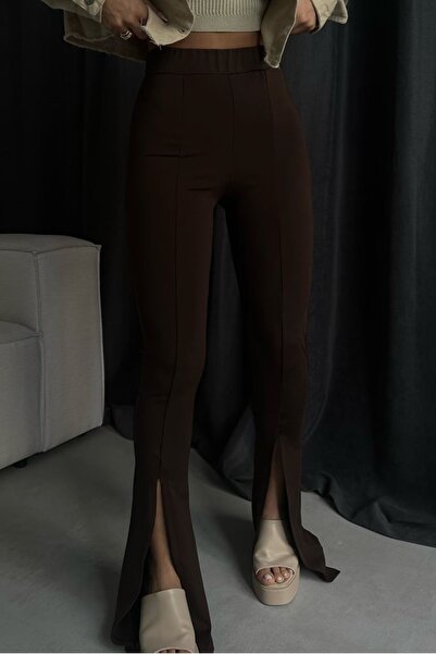 lovebox Pantaloni de damă cu talie înaltă și crăpătură la picior, maro, 5251