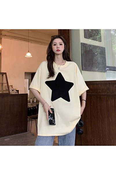 Köstebek Harajuku Casual Streatwear Siyah Yıldız Baskılı Tişört