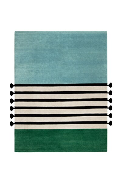 Rugs Modern Halı Mira 1189 Mavi Yeşil Çizgili Kenarları Püsküllü Dokuma Taban...