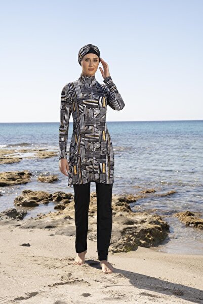 Estiva Women's Digital Patterned Hijab Swimsuit with Fully Covered Trousers