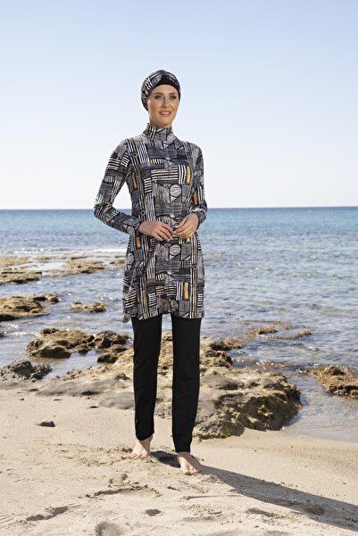 Estiva Women's Digital Patterned Hijab Swimsuit with Fully Covered Trousers