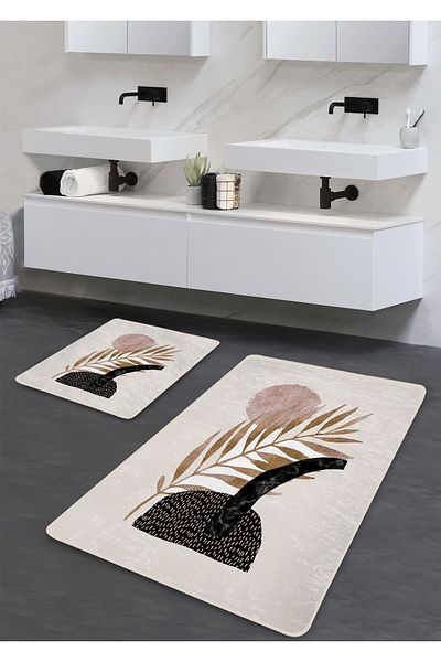 Pilloveland Covoraș de baie lavabil cu bază anti-alunecare din 2 piese - model frunze 60*100 cm - 50*60 cm