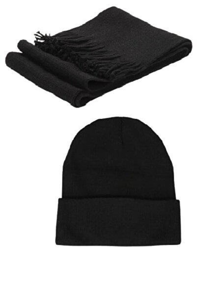 Eke Tekstil Μαύρο Unisex Πλεκτό Φουλάρι και Σετ Μαύρο Μπερέ