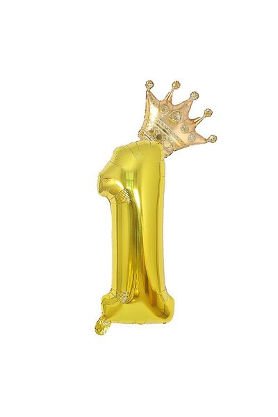 Patladı Gitti 1 Gold Number And King Crown Foil Balloon Birthday Party Celebration Set