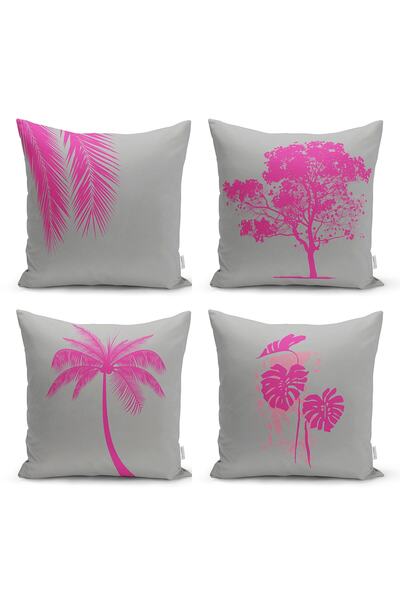 Realhomes Gri Zeminde Fuşya Ağaç Motifli Dekoratif 4'lü Kırlent Kılıf Seti