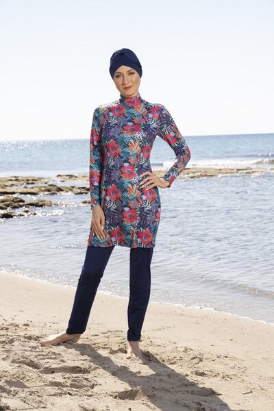 Estiva Γυναικείο μαγιό με φλοράλ σχέδιο σε μπλε ναυτικό χρώμα με παντελόνι