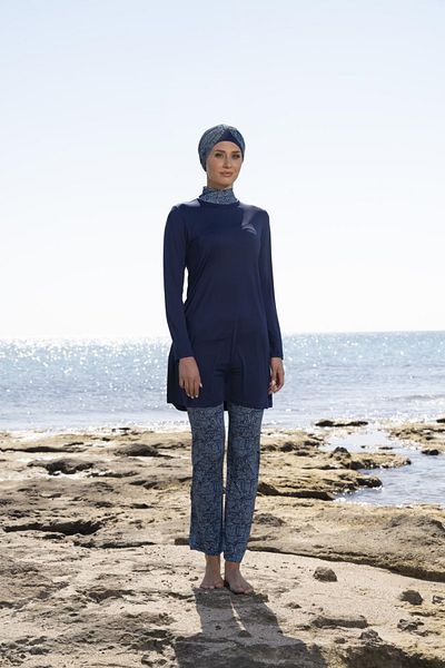 Estiva Women's Bonnet Trousers Digital Patterned Navy Blue Hijab Swimsuit