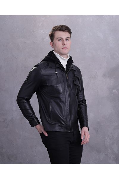 CE-YIL DERİ ÜRÜNLERİ Men's Genuine Leather Hooded Sports Coat