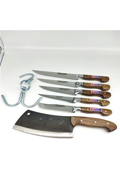 Hisar Mutfakta Ahşap Saplı Kahverengi 7 Parça Set Kancalı Satırlı Et Bıçağı Ş...