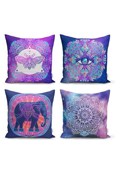 Realhomes طقم غطاء وسادة رمي مكون من 4 قطع مطبوع عليه دمشقي على أرضية السماء