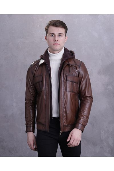CE-YIL DERİ ÜRÜNLERİ Men's Genuine Leather Hooded Sports Coat