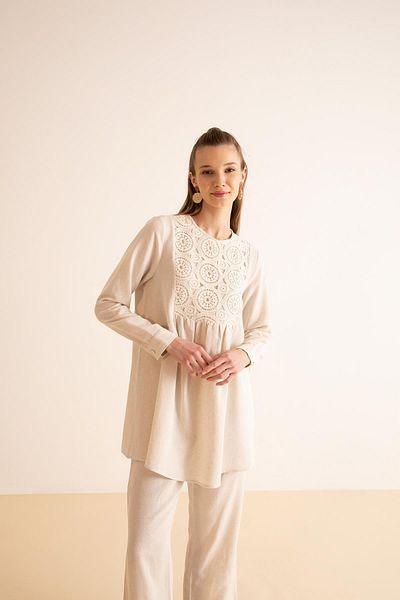 DeFacto Regular Fit Crew Neck Lace Detailed Linen Blend Long Sleeve T-Shirt Tunic