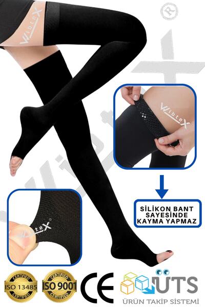 WibteX Diz Üstü Çorabı Burnu Açık (siyah Renk) Orta Basınç Ccl2(çift Bacak)