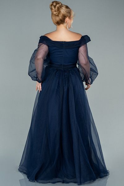 Abiyefon Navy Blue Long Leg Low-cut Balloon Sleeve Plus Size Evening Dress Abu1535