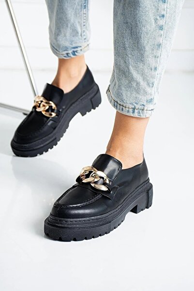 Genel Markalar Kadın Loafer Zincirli Kalın Tabanlı Makosen Ayakkabı Kaliteli Loafer