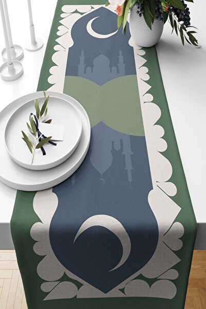Pilloveland Runner Ramazan Green Desenli Süet Dokuma 140*40 Cm Ramadan Kareem