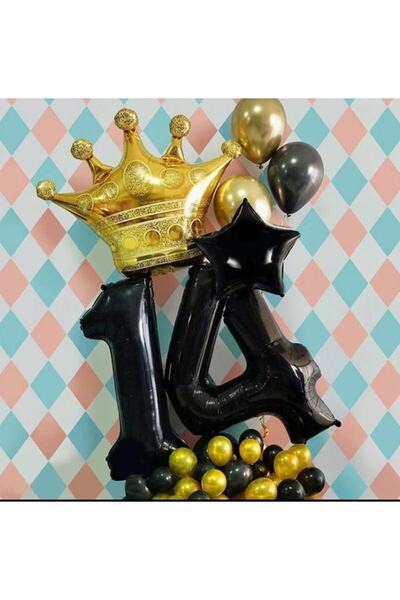 MFM Στολίδι γενεθλίων με μπαλόνι με μαύρο φύλλο αλουμινίου για πάρτι 14 ετών