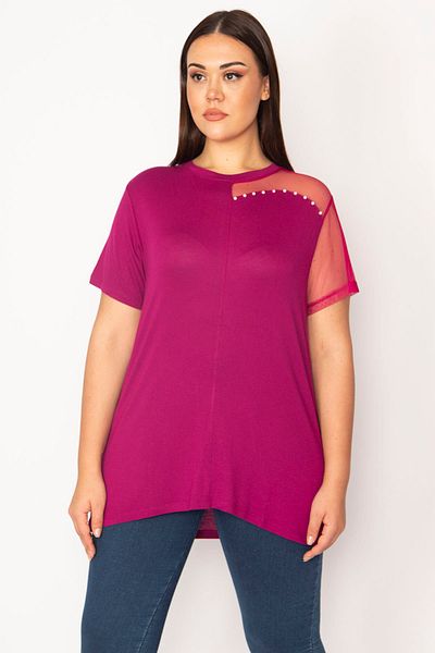 Şans Women's Fujya Plus Size Tulle and Pearl Detailed Blouse 65n35670
