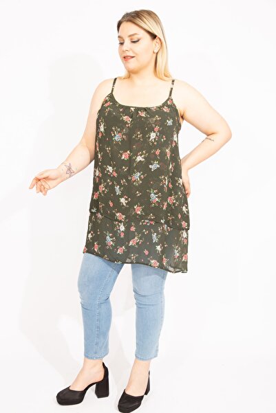 Şans Γυναικεία χακί μεγάλου μεγέθους υφασμάτινη σιφόν μπλούζα μπροστινή βαθμίδα 65n35663