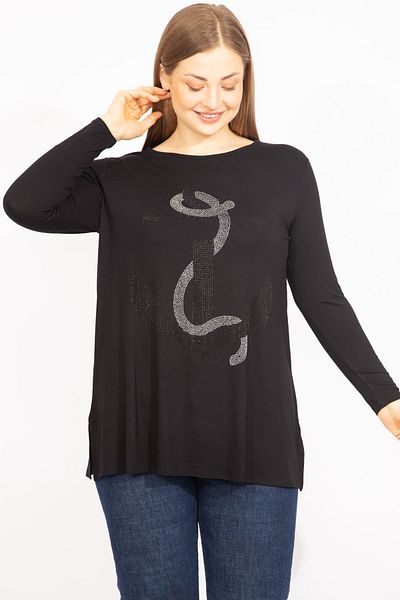 Şans Women's Black Large Size Glitter Detailed Long Sleeve Blouse 65n35692