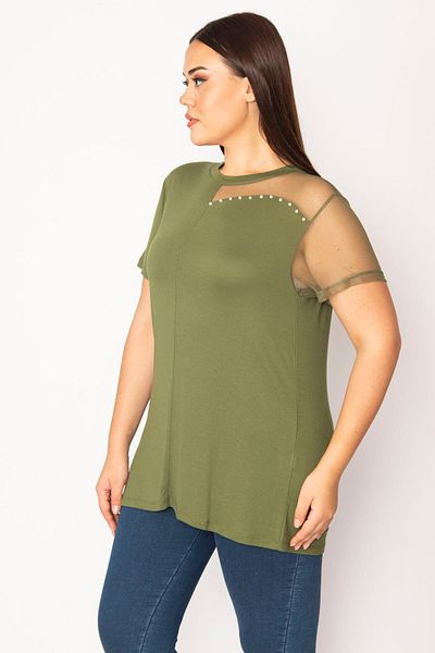 Şans Khakifarbene, große Damenbluse mit Tüll und Perlendetail 65n35670