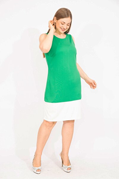 Şans Women's Green Plus Size Color Combination Dress 65n35678