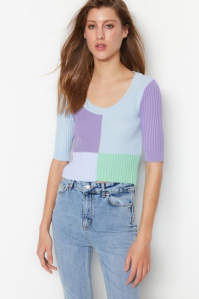 Trendyol Collection Mint Crop színű blokkolt kötöttáru pulóver TWOSS23KZ00003
