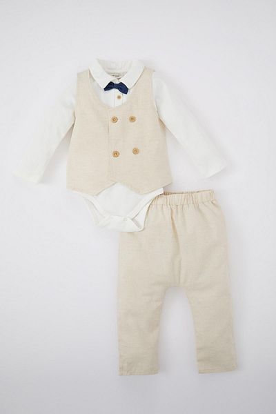 DeFacto Baby Boy Long Sleeve Snap-On Bodysuit Linen Vest Trousers 3-Piece Set
