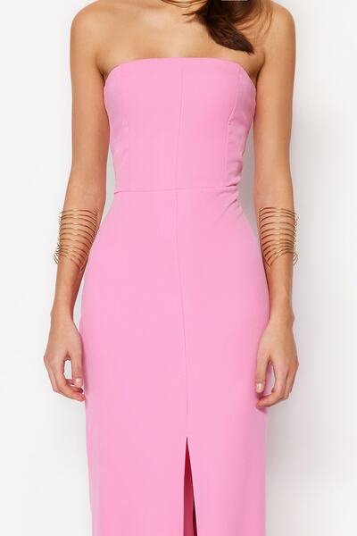 Trendyol Collection Ροζ υφαντό μακρύ βραδινό φόρεμα TPRSS23AE00127