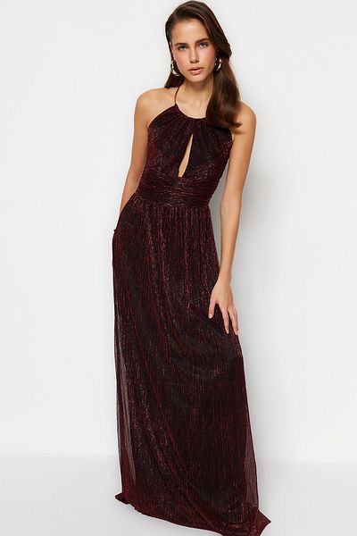 Trendyol Collection Csillogó bordó hosszú estélyi ruha - A-szabású, bélelt TPRSS23AE00129