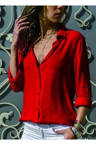 FancyWorld Plain Color Woven Viscose Fabric Legend Basic Shirt Red