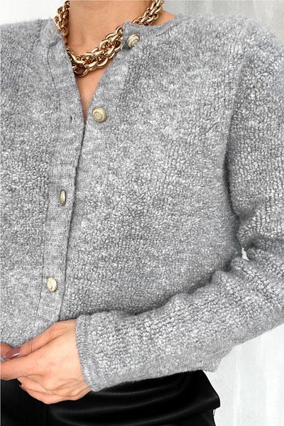 FEMELLE Women's Gray Crew Neck Gold Buttoned Teddy Cardigan